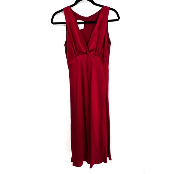 LYNN LUGO Red 100% Silk V-Neck Sleeveless Pleated Y2K Midi Slip Dress Size 6 - Picture 1 of 7
